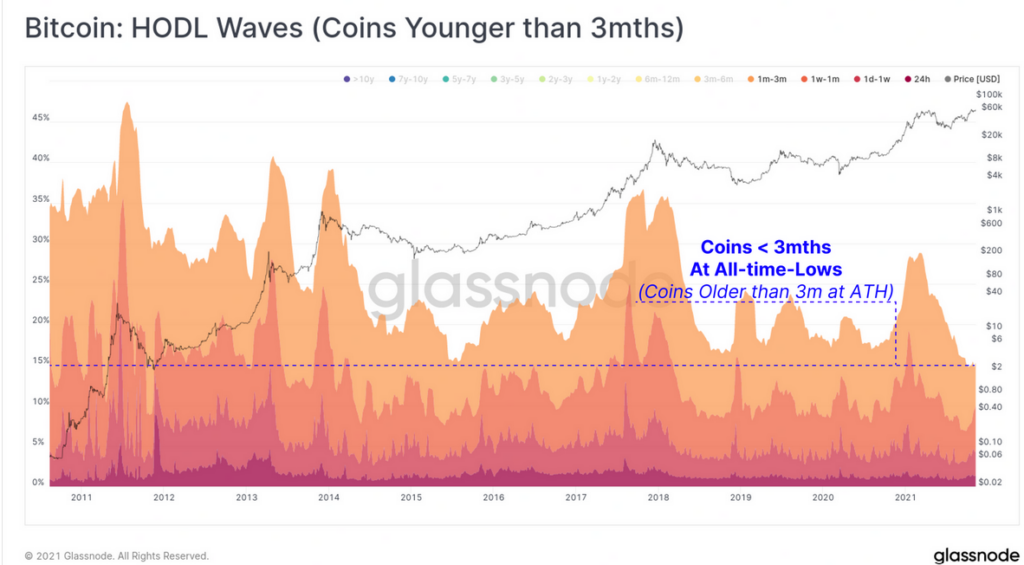 bitcoin hodl wave falling percentrage of younger coins