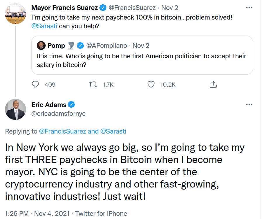 New York and Miami mayors take bitcoin salary