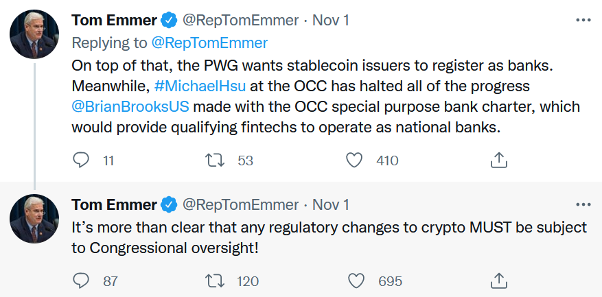 Emmer's says congress has authority over crypto