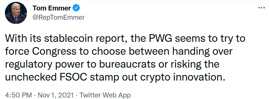 Congress Emmer's tweet on stablecoin report