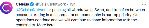 Celsius tweet announcing client withdrawal halt
