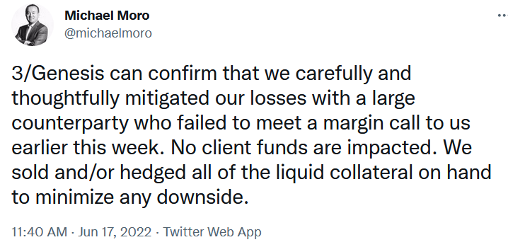 Genesis CEO Moro tweets on 3AC