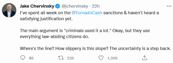 "criminals use it" is not a good reason to sanction Tornado cash