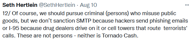 Tornado is a public good, just like a road used by criminals